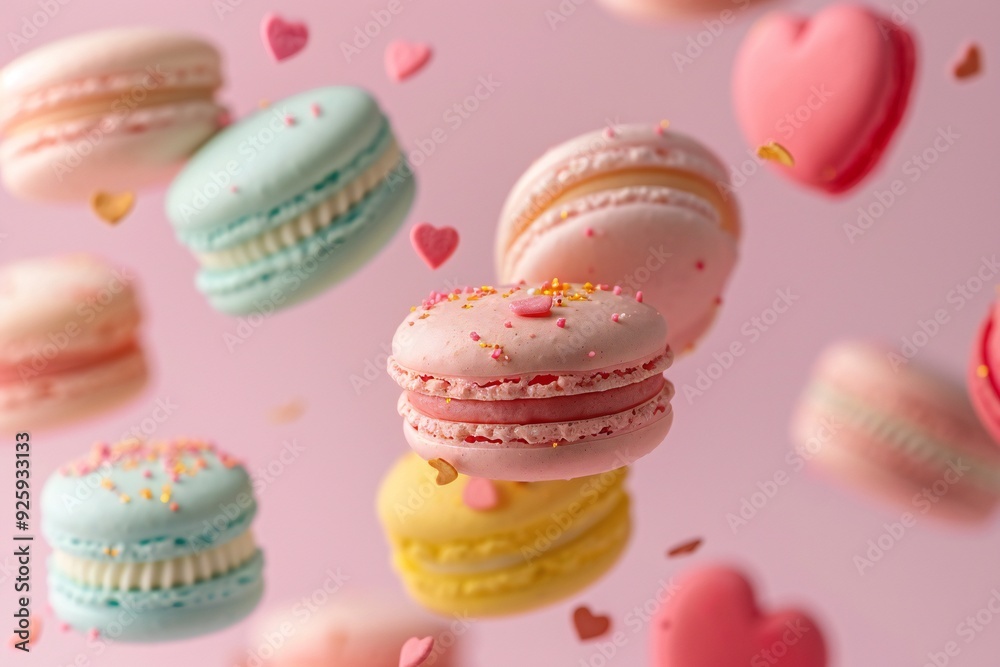 Close-up of colorful heart-shaped macarons levitating on pastel background , created ai Close-up of colorful heart-shaped macarons levitating on pastel background , created ai