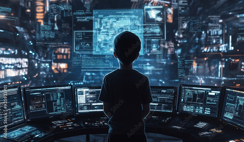 A boy, approximately 10-15 years old, stands in the center of the frame, facing a holographic screen. A boy, approximately 10-15 years old, stands in the center of the frame, facing a holographic screen.