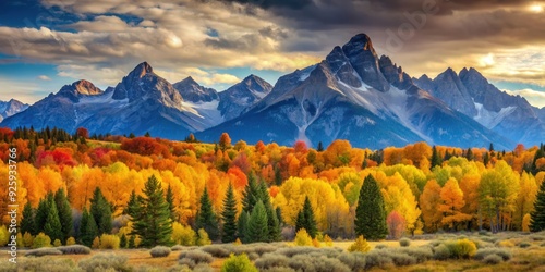 Landscape with majestic mountains surrounded by vibrant autumn foliage , mountains, autumn, nature,landscape, trees