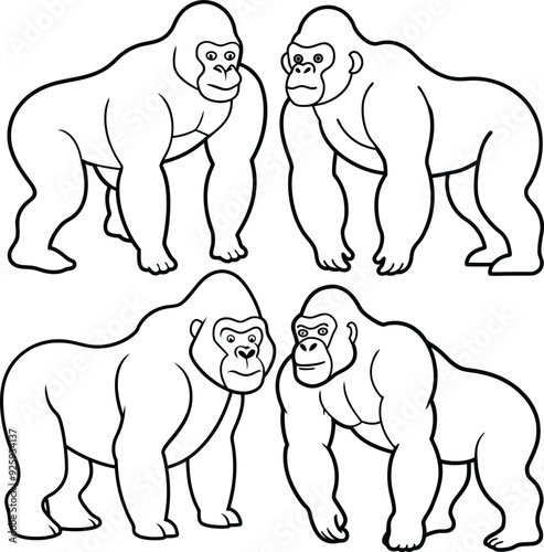 Big wild animl of Gorzila outline or line art or sketch illustration four package, standing on all fours with a powerful stance, drawn with bold, simple lines on a white background.