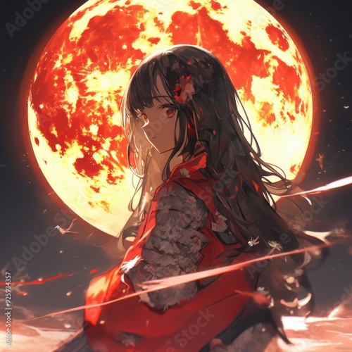 Enchanting Anime-Style  Lone Anime Girl Gazing at the Full Moon: A Whimsical Abstract Art Piece for Gaming, Storybook Illustrations, and 4K Wallpapers photo