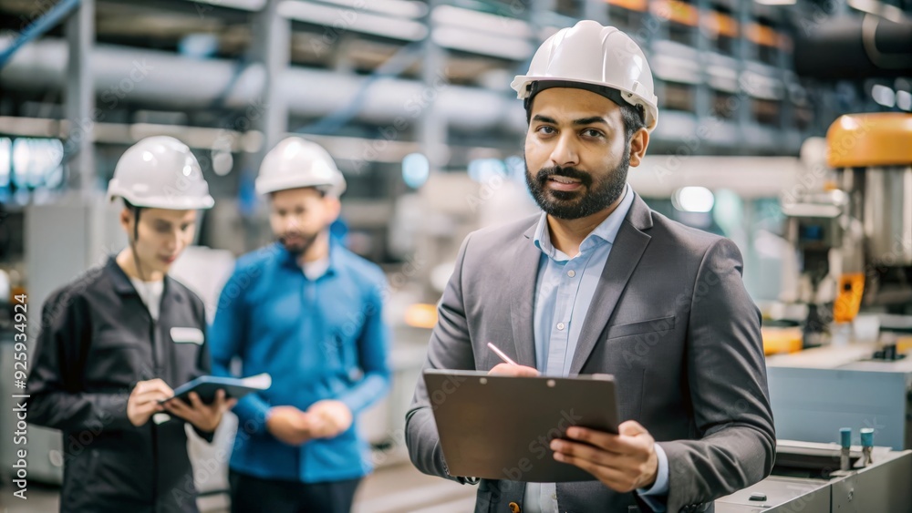 An Indian production supervisor holding a clipboard and overseeing workers in a manufacturing setting.
