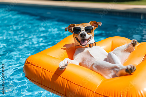 Dog Relaxing on Pool Float. photo