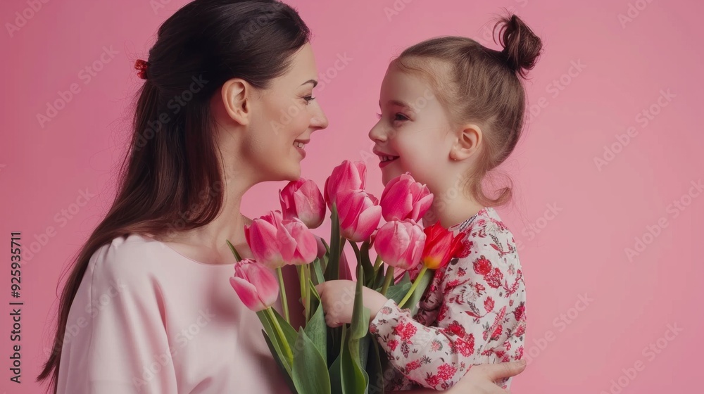 Two smiling faces radiate happiness as a mother and daughter embrace, surrounded by beautiful tulips in a delightful pastel setting Two smiling faces radiate happiness as a mother and daughter embrace, surrounded by beautiful tulips in a delightful pastel setting