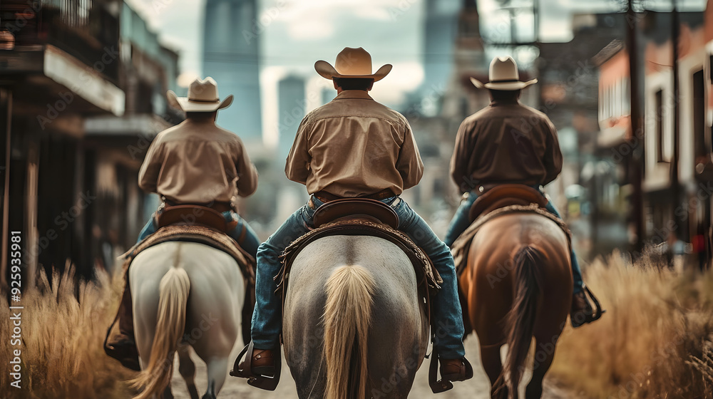 Three men in cowboy hats riding horses down a street. Scene is adventurous and fun Three men in cowboy hats riding horses down a street. Scene is adventurous and fun