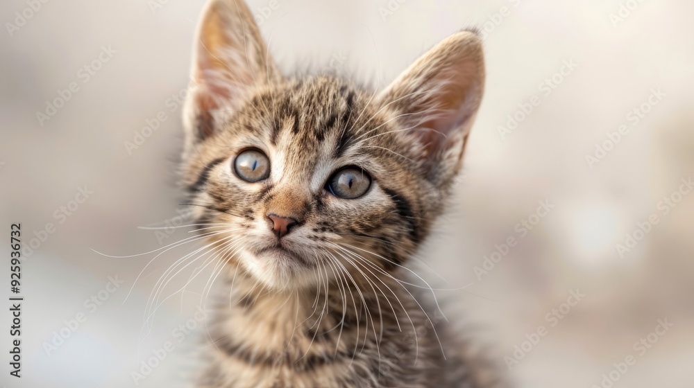 Close-up portrait of a cute kitten on a light background, copy space Close-up portrait of a cute kitten on a light background, copy space