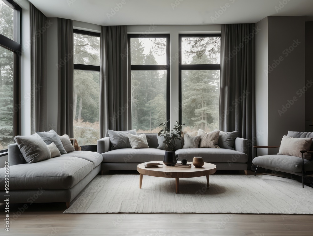 Modern Living Room with Gray Sectional Sofa and Large Windows
