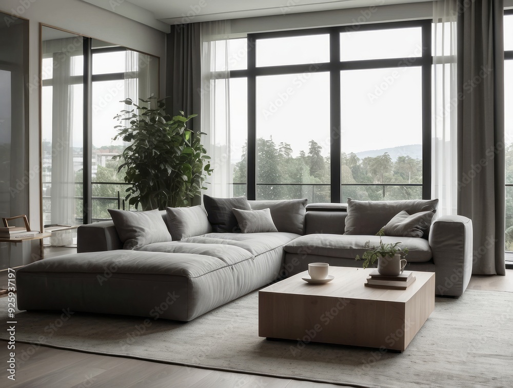 Modern Living Room with Large Windows, Grey Sofa, and Wooden Coffee Table Modern Living Room with Large Windows, Grey Sofa, and Wooden Coffee Table