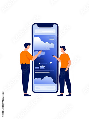 2 people in front of factory icon for app