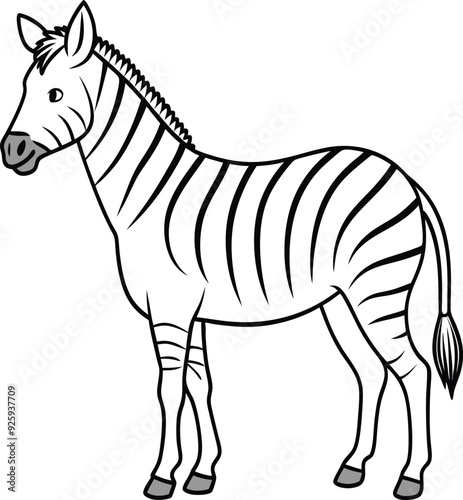 The animal of Zebra outline or sketch or line art illustration, silouette, standing side-on with its distinctive striped pattern represented by clean lines on a white background.