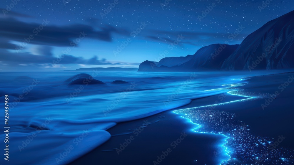 Stunning Bioluminescent Beach at Night with Glowing Waves and Starry Sky