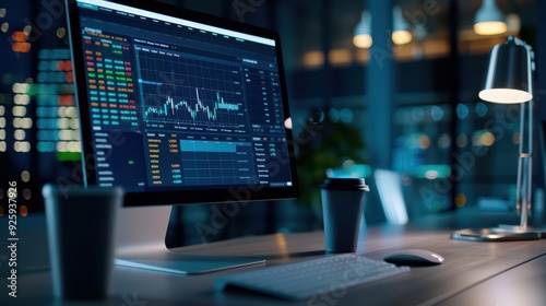 Wallpaper Mural Modern Office Desk with Computer Displaying Stock Market Data in a Nighttime Urban Setting Torontodigital.ca