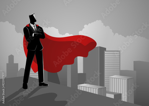 Businessman as a superhero standing on the top of a building, symbolize accomplishment, determination, and conquering obstacles, vector illustration