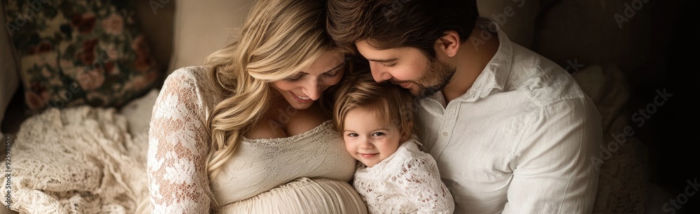 A pregnant woman sits with her partner and daughter, showcasing their joyful bond A pregnant woman sits with her partner and daughter, showcasing their joyful bond