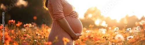 A pregnant woman gently cradles her belly in a blooming flower field