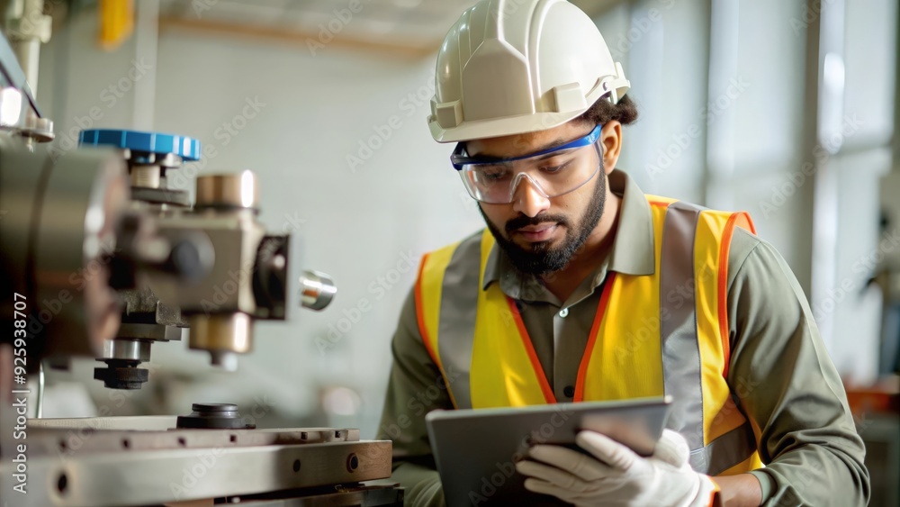 An Indian mechanical engineer wearing protective gear and inspecting machinery in a workshop.
