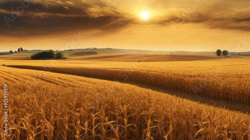 Golden wheat fields under dramatic sunset sky in rural countryside landscape photo