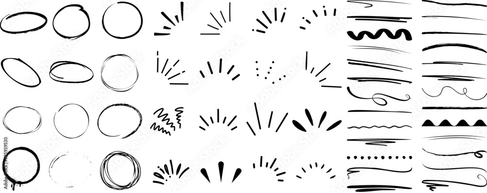 Doodle circle, sparkle, and underline collection. Hand drawn sparkle circle line vector design elements. Perfect for creative projects, presentations, and illustrations