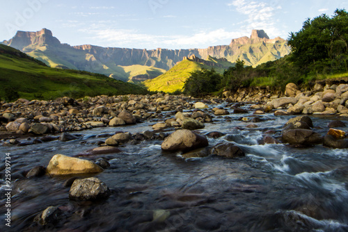 View over the Tugela river, with the majestic basalt cliffs of the Amphitheater in the background photo