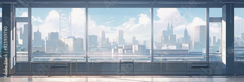 Urban Loft Living: An Empty Attic-Style Room with Large Windows Overlooking Cityscape, Concrete and Glass Background, Concept of Urban Life in Anime Style, storybook illustrations, comic strips, book photo