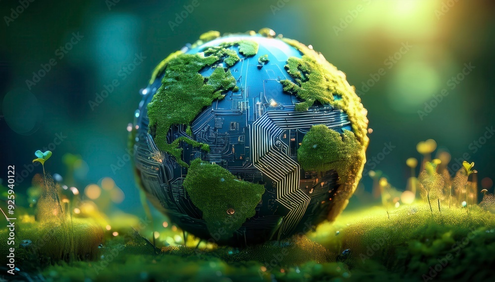 Green earth globe crafted from circuit boards and microchips, on green moss background. Generated image Green earth globe crafted from circuit boards and microchips, on green moss background. Generated image