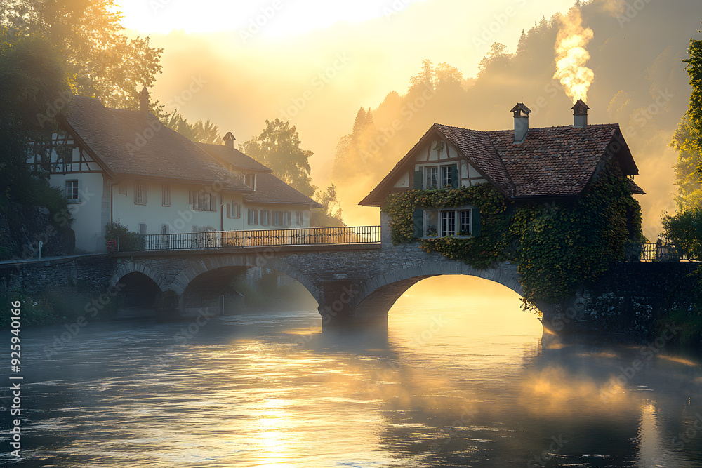 Fototapeta premium Morgenzauber an der alten Brücke: Ein friedliches Schweizer Dorf