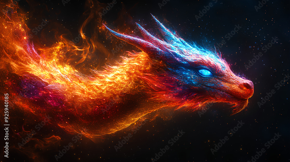 dragon, the head of a dragon in a multi-colored flame. Abstract multicolored profile portrait of a dragon head on a black background dragon, the head of a dragon in a multi-colored flame. Abstract multicolored profile portrait of a dragon head on a black background