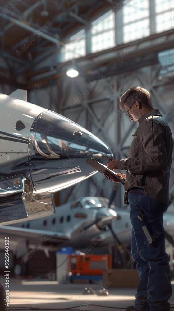 Engineer inspecting aircraft in hangar, performing maintenance checks with clipboard, surrounded by planes and industrial equipment Engineer inspecting aircraft in hangar, performing maintenance checks with clipboard, surrounded by planes and industrial equipment