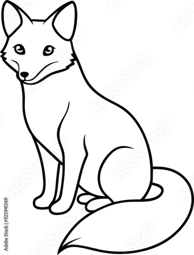 A jungle Fox outline illustration, sitting with its bushy tail wrapped around, drawn with sleek and sharp lines on a white background.