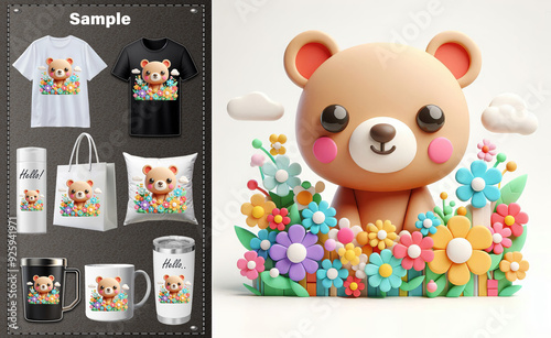 Tumbler, Mug, T-shirt Design: Charming teddy bear emerges amidst a vibrant garden of colorful flowers, evoking joy and playfulness like never before, capturing pure delight. photo