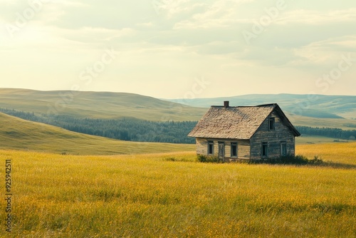 Vintage rural home in countryside landscape green meadows and hills, summer village scenery