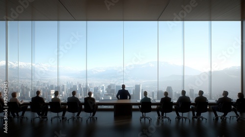 Global world class board meeting in a modern glass meeting room.

