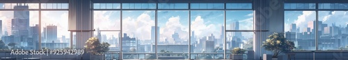 Urban Loft Living: An Empty Attic-Style Room with Large Windows Overlooking Cityscape, Concrete and Glass Background, Concept of Urban Life in Anime Style, storybook illustrations, comic strips, book photo