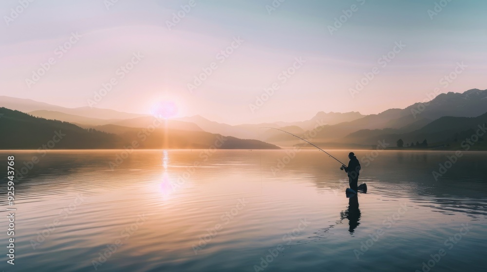 a fisherman holds a fishing rod and fishing line on the lake. a fisherman holds a fishing rod and fishing line on the lake.