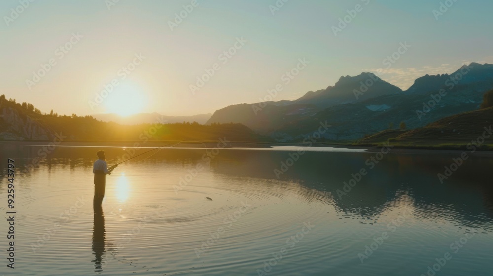 a fisherman holds a fishing rod and fishing line on the lake. a fisherman holds a fishing rod and fishing line on the lake.