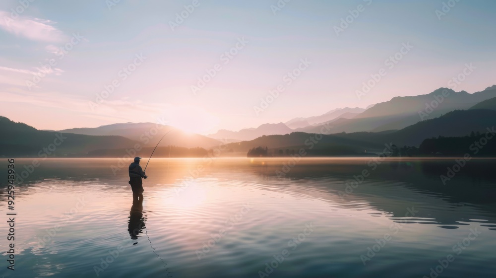 a fisherman holds a fishing rod and fishing line on the lake. a fisherman holds a fishing rod and fishing line on the lake.