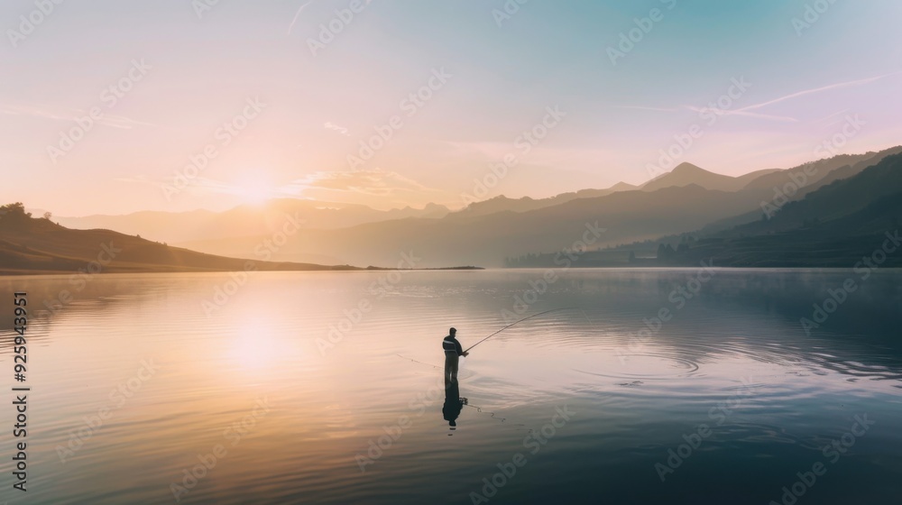 a fisherman holds a fishing rod and fishing line on the lake. a fisherman holds a fishing rod and fishing line on the lake.