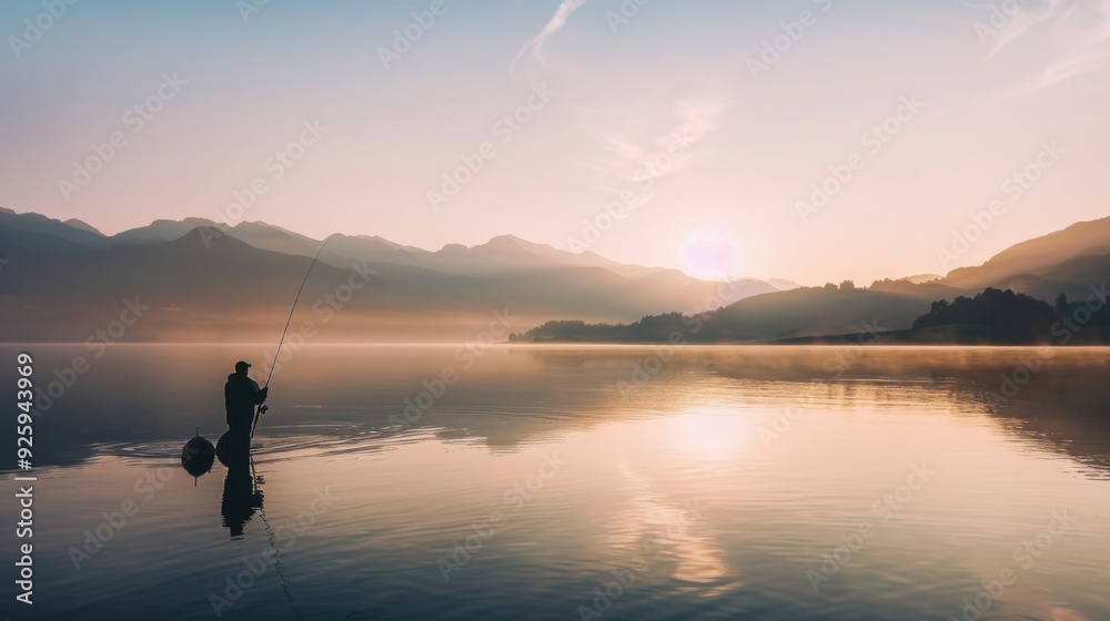 a fisherman holds a fishing rod and fishing line on the lake. a fisherman holds a fishing rod and fishing line on the lake.