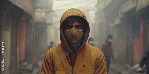 Abstract Delhi Air Pollution Crisis: Masked Citizens Fight for Clean Air. Creative Visualization of Environmental Awareness, Health Protection, and Pollution Prevention. Ideal for World Environment Da