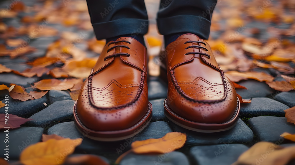 A close-up photograph of a stylish pair of brown leather shoes worn on a cobblestone path covered with autumn leaves, symbolizing the beginning of the fall season A close-up photograph of a stylish pair of brown leather shoes worn on a cobblestone path covered with autumn leaves, symbolizing the beginning of the fall season