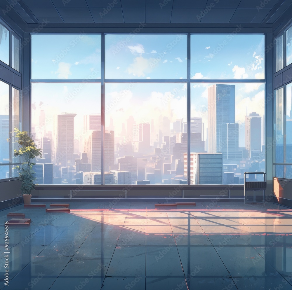 Urban Loft Living: An Empty Attic-Style Room with Large Windows Overlooking Cityscape, Concrete and Glass Background, Concept of Urban Life in Anime Style, storybook illustrations, comic strips, book Urban Loft Living: An Empty Attic-Style Room with Large Windows Overlooking Cityscape, Concrete and Glass Background, Concept of Urban Life in Anime Style, storybook illustrations, comic strips, book