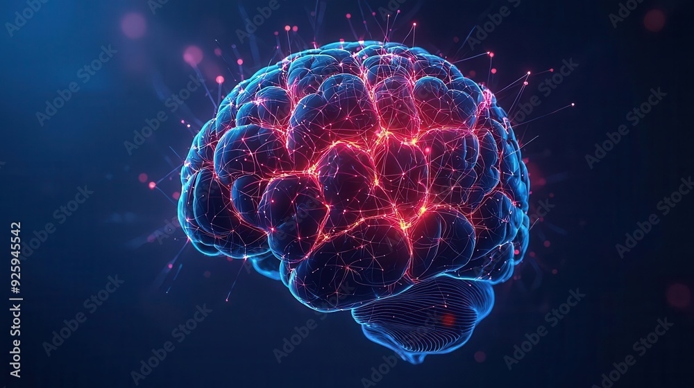 Brain with neural network connections, glowing pathways, 3D illustration Brain with neural network connections, glowing pathways, 3D illustration