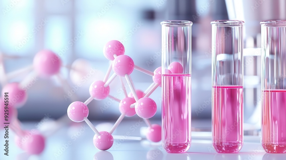 Chemical analysis in a lab, test tubes and molecular models, 3D illustration Chemical analysis in a lab, test tubes and molecular models, 3D illustration