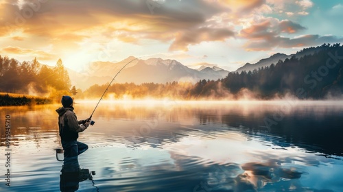 a fisherman holds a fishing rod and fishing line on the lake.