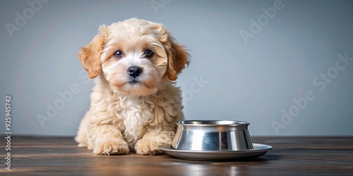 Adorable Maltipoo puppy sitting with metal food bowl in its mouth, Maltipoo, puppy, cute, adorable, pet, canine, dog, small, fluffy