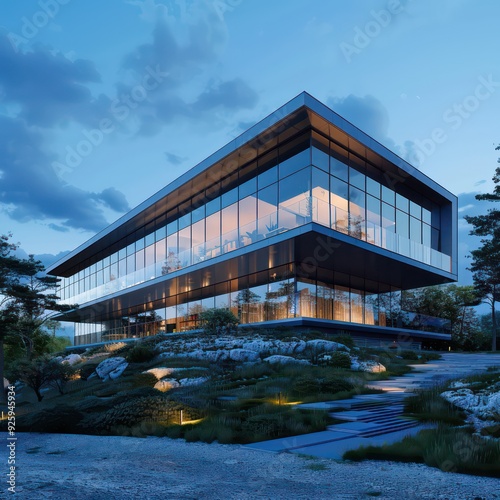 modern building with contrast between nature and modernity, immersive environment