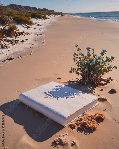 book with blank cover and empty cover perched on desert