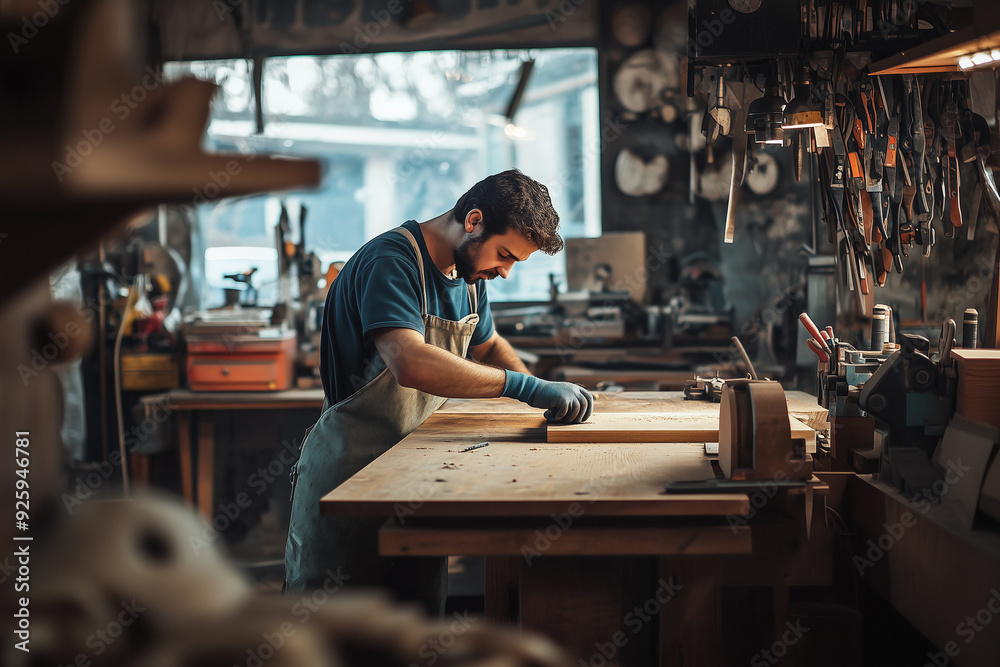Portrait of man handcraft on workbench, Selective focus handmade worker in tool storage room. Portrait of man handcraft on workbench, Selective focus handmade worker in tool storage room.