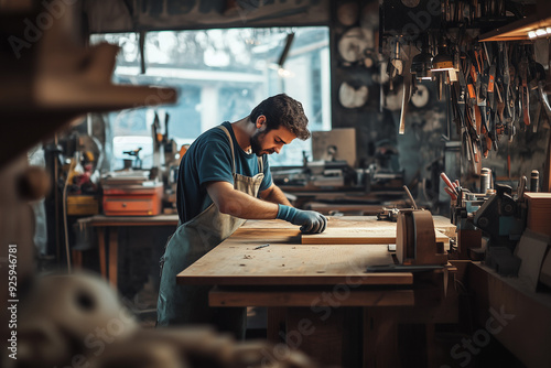 Portrait of man handcraft on workbench, Selective focus handmade worker in tool storage room.