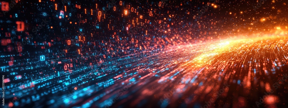 Obraz premium Abstract Futuristic Digital Data Stream with Binary Code and Glowing Light Effects